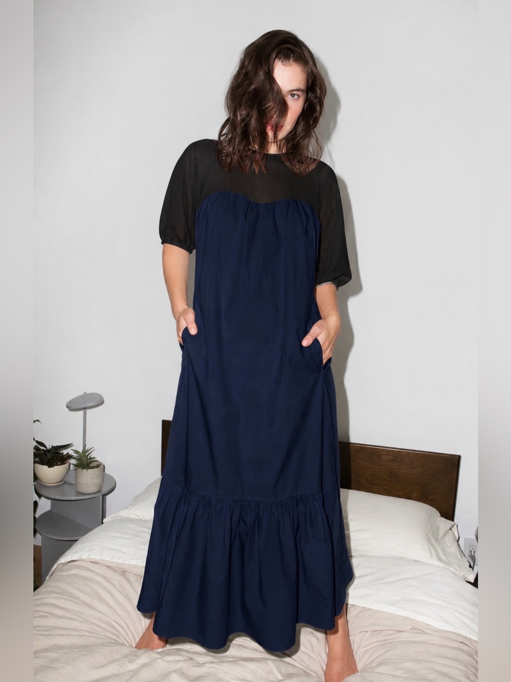 Kurt Lyle 100% Cotton Navy Blue Black Maxi Dress Sz XS Pockets Casual Minimalist